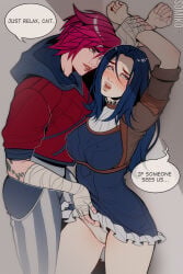 blue_hair caitlyn_kiramman inminent_sex league_of_legends lesbian long_hair panties red_hair short_hair vi yuri