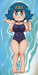 1girls alternate_breast_size blue_hair breasts_bigger_than_head breasts_bigger_than_torso game_freak hairband hi_res huge_breasts human jellot lana_(pokemon) nintendo one-piece_swimsuit pokemon pokemon_sm sideboob solo top_heavy wide_hips