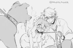 1boy 1girl blurry blurry_foreground blush body_freckles breasts collar collared_shirt degrees_of_lewdity dog ear_piercing english_commentary freckles greyscale grin hair_between_eyes hand_on_another's_head heavy_breathing holding holding_leash imminent_bestiality kneeling leash medium_breasts monochrome necktie nipples nose_blush nude pants peachy_(tnso) piercing saliva shirt simple_background smile thighhighs tnso twitter_username whitney_(degrees_of_lewdity) whitney_(male)_(degrees_of_lewdity) zoophilia