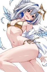 amane_kanata bikini blush curvy embarrassed feathers gold_bikini hololive large_ass large_thighs open_mouth small_breasts thick_thighs virtual_youtuber wavy_mouth wide_hips