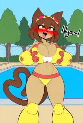 1girl 1girls ai_generated big_breasts blush blushing breasts eyes_rolling_back gameoverse kit_(gameoverse) kit_bodega legs moaning open_mouth pool touching_breast tree trees