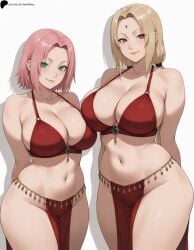 2girls ai_generated armpit_crease arms_behind_back bare_shoulders bikini blonde_hair boruto:_naruto_next_generations breasts brown_eyes cleavage closed_mouth collarbone curvy forehead_mark gem green_eyes haruno_sakura hi_res high_quality high_resolution highres large_breasts light light_blush lips long_hair looking_at_viewer midriff naruto naruto_(series) naruto_shippuden navel nose opal_nemy patreon_logo patreon_url patreon_username pelvic_curtain pink_hair plain_background red_bikini sakura_haruno self_upload shadow shiny shiny_clothes shiny_hair shiny_skin short_hair simple_background smile swimsuit thick_thighs thighs tsunade watermark white_background