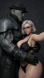 1boy 1girls 3d 3d_(artwork) abs ai_generated big_ass big_breasts bigger_male black_bra black_panties blonde_hair bra busty cleavage clothed_male envia glasses grace_ashcroft high_waisted_panties hugging lingerie medium_hair monster mr_x muscular muscular_female panties platinum_blonde_hair resident_evil resident_evil_9:_requiem selfie short_hair silver_hair thick_legs thick_thighs toned toned_body toned_female tyrant white_hair
