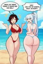 2girls ahoge ai_generated alternate_breast_size ass ass_focus beach bikini black_hair blue_eyes blue_sky blush breasts cleavage closed_eyes clothing cloud curvy day earrings english_text female from_behind gradient_hair grey_eyes hands_up highleg highleg_bikini horizon huge_ass jewelry large_breasts long_hair looking_at_viewer looking_back medium_breasts multicolored_hair multiple_girls navel ocean open_mouth outdoors ponytail red_bikini red_hair ruby_rose rwby sand scar scar_across_eye scar_on_face shiny_skin short_hair shrugging sky small_breasts smile speech_bubble standing string_bikini swimsuit tattoo teeth thick_thighs thigh_gap thighs thong thong_bikini upper_teeth_only very_long_hair water weiss_schnee white_bikini white_hair wide_hips