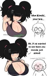2_panel_comic 2d 2d_(artwork) 2d_artwork artist_name asian asian_bimbo asian_female black_hair blush blushing blushing_male bra bra_strap_is_showing_(meme) breasts breasts_bigger_than_head breasts_out breasts_out_of_clothes breasts_outside color cute cute_face cute_female digital_drawing digital_drawing_(artwork) digital_media digital_media_(artwork) freckles glasses hira.shotgun kimchi_(hira.shotgun) light-skinned_female light_skin meme nerd nerd_(hira.shotgun) nosebleed shiny shiny_body shiny_breasts shiny_skin shirt_lift short_hair speech sweat sweatdrop sweating talking talking_to_another talking_to_partner teasing teasing_partner text twintails white_background