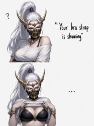 1girls ai_generated bra bra_strap_is_showing_(meme) dark_elf dreadlord dreadlord_(warhammer) druchii elf elf_ears elf_female elf_girl english english_dialogue english_text flashing flashing_bra looking_at_viewer solo solo_female tagme warhammer_(franchise) warhammer_fantasy