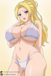 1female 1girl 1girls 2026 ai_generated arm_behind_back artist_name big_ass big_breasts bikini blonde_hair blue_eyes blush breasts cameltoe cleavage covered_nipples cowboy_shot curvy drill_hair gradient gradient_background hi_res high_quality high_resolution highres huge_ass huge_breasts long_hair looking_at_viewer mankitsu_happening midou_sayaka navel nipples open_mouth patreon patreon_username ponytail see-through solo sweat swimsuit thighs unjobdespiert watermark web_address white_bikini yellow_background