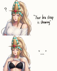 1girls ai_generated alarielle_the_radiant bra bra_strap_is_showing_(meme) elf elf_ears elf_female elf_girl english english_dialogue english_text flashing flashing_bra looking_at_viewer royalty solo solo_female tagme warhammer_(franchise) warhammer_fantasy