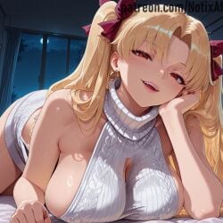 1girl 1girls ai_generated arm_support big_ass big_breasts blonde blonde_female blonde_hair busty busty_female curvaceous curvy curvy_female curvy_figure ereshkigal_(fate) fate/grand_order fate_(series) female fgo huge_ass huge_breasts large_ass large_breasts long_hair lying lying_on_stomach notix on_stomach red_eyes sweater thick thick_legs thick_thighs thighs twintails two_side_up very_long_hair virgin_killer_sweater white_sweater