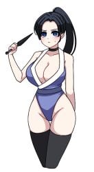alternate_costume alternate_hairstyle big_breasts black_hair black_thighhighs blue_eyes blush choker cleavage demon_slayer female female_only japanese_clothes kanzaki_aoi_(kimetsu_no_yaiba) kimetsu_no_yaiba kunai kunoichi leotard long_hair no_bra pale-skinned_female pale_skin ponytail revealing_clothes solo sweatdrop thigh_gap thighhighs weapon wide_hips