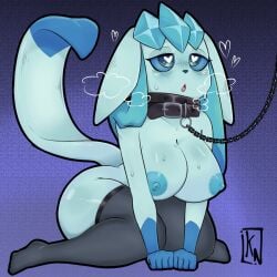 anthro areola big_breasts blue_areola blue_body blue_eyes blue_fur blue_nipples blue_sclera bodily_fluids breasts chain_collar clothing collar dipstick_tail ears_down eeveelution eyelashes feet female front_view fur generation_4_pokemon glaceon gloves_(marking) grey_clothing grey_legwear grey_stockings heart_eyes heart_symbol hi_res katoneko kneeling leash leashed_collar legwear legwear_only markings mostly_nude nintendo nipples open_mouth pivoted_ears pokemon pokemon_(species) purple_background simple_background solo stockings stockings_only sweat tail tail_markings