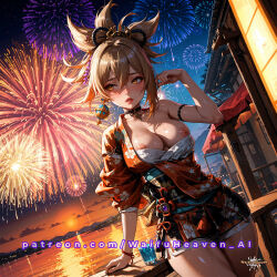 1girl ai_generated areola areola_slip areolae areolae_slip big_breasts blonde blonde_female blonde_hair blurry_background cleavage collar deck drink earrings exposed_nipples fireworks floral_print genshin genshin_impact glass hair_ornament hard_nipples horny horny_female kimono large_breasts lips lipstick looking_at_viewer makeup night nipples ocean open_clothes orange_eyes parted_lips patreon ponytail sarashi sky slutty_body slutty_female solo sunset sweat sweating text thick thick_ass thick_legs thick_thighs waifuheaven_ai water watermark wet wet_skin wooden_railing worried worried_expression yoimiya_(genshin_impact)
