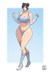 1girls big_breasts blue_sports_bra blue_underwear breasts breasts_out brown_eyes brown_hair chun-li cirenk exposed_breasts female large_breasts long_hair sports_bra street_fighter underwear variant_set