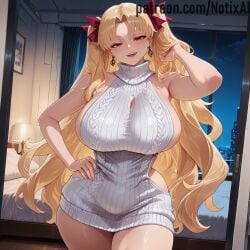 1girl 1girls ai_generated arms_behind_head arms_up big_ass big_breasts blonde blonde_female blonde_hair busty busty_female curvaceous curvy curvy_female curvy_figure ereshkigal_(fate) fate/grand_order fate_(series) female fgo huge_ass huge_breasts large_ass large_breasts long_hair notix red_eyes standing sweater thick thick_legs thick_thighs thighs twintails two_side_up very_long_hair virgin_killer_sweater white_sweater