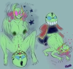 abs average_breasts beanish big_breasts big_feet big_female blue_eyes cloak clothing cryptid dark_nipples dominant_female dominant_male duxeite fawful feet female femengumisi glasses goblin_female green_body green_skin henchmen hetero looking_back male mario_(series) mario_and_luigi_(series) mario_bros monster_girl nintendo on_top penis pink_eyes sex signature size_comparison size_difference smile spiral_eyes stitches submissive_female submissive_male toes witch