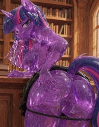1girls ai_generated anthro ass blush breasts female from_behind leaning_on_table looking_at_viewer medium_breasts my_little_pony naked nipples panties_down pussy slime_girl sq7 tail twilight_sparkle_(mlp)