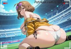 1girl ahoge ai_generated anis_(nikke) ass bangs bare_shoulders bikini blush breasts brown_hair butt_crack day eyewear_on_head from_behind goddess_of_victory:_nikke iduniar jacket large_breasts looking_at_viewer looking_back nikke off_shoulder outdoors short_hair side-tie_bikini_bottom sitting skindentation smile solo sunglasses sweat swimsuit tinted_eyewear viewfinder wariza white_bikini
