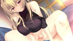 1girl black_sweater blonde_hair bottomless breasts bria_anderson brown_eyes censored dutch_angle floating_hair game_asset girl_on_top hair_between_eyes hetero homestay_a_la_mode indoors long_hair looking_down mosaic_censoring off-shoulder_sweater off_shoulder open_mouth penis pussy sex spread_legs sweater tai_(nazutai) vaginal very_long_hair