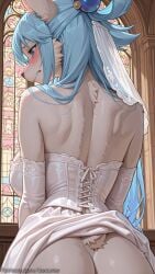 ai_generated animal_ears aqua_(konosuba) ass back bare_shoulders blue_eyes blue_hair blush body_fur breasts bridal_veil church clothes_lift decurse dress elbow_gloves from_behind furry furry_female gloves hair_ornament indoors kono_subarashii_sekai_ni_shukufuku_wo! large_breasts long_hair looking_back multiple_girls patreon_username solo stained_glass tail veil watermark web_address wedding_dress white_dress white_gloves