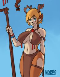 battlerite big_breasts blonde_hair blossom_(battlerite) blue_eyes curvy deer fanart female female_only furry huge_breasts large_breasts nobro short_hair staff voluptuous