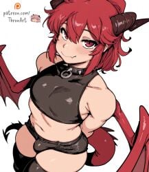 1boy 1femboy ai_generated blush_lines bulge chubby crop_top dragon_boy dragon_tail dragon_wings femboy horns looking_at_viewer male male_focus plump red_eyes red_hair red_tail red_wings shorts skin_fang smile solo solo_femboy solo_focus spiked_choker thick thick_ass thick_thighs thighhighs thronart wide_hips