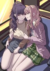 1boy 1girl absurdres akiyama_mizuki alternate_costume asahina_mafuyu bare_legs breasts brown_cardigan brown_shirt bulge cardigan center_frills chin_gero closed_eyes collared_shirt crossdressing crossdressing_(mtf) dot_nose drill_hair drill_ponytail drill_sidelocks erection erection_under_clothes feet_out_of_frame frills genderswap genderswap_(otm) genderswap_on_non-genderswap green_skirt grey_skirt hair_ornament hair_over_shoulder hair_ribbon hair_scrunchie hetero high_ponytail high_side_ponytail highres holding_own_skirt indoors josou_seme large_breasts light_blush long_hair long_sidelocks long_sleeves looking_at_another male_focus miniskirt nipple_stimulation nipple_tweak open_cardigan open_clothes pink_cardigan pink_eyes pink_hair plaid_clothes plaid_skirt ponytail project_sekai puffy_long_sleeves puffy_nipples puffy_sleeves purple_hair raised_inner_eyebrows ribbon scrunchie shirt side_ponytail sidelocks sitting skirt trap u_u wavy_hair wavy_sidelocks white_shirt window yellow_scrunchie