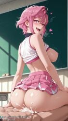 1girls ahe_gao ahegao ahegao_face ai_generated big_breasts bottomless breasts breasts_out cheerleader cheerleader_uniform creampie cum cum_in_pussy cum_inside curvy curvy_body curvy_female dandadan dreamyan_ai excessive_cum heart-shaped_pupils hi_res high_quality high_resolution highres large_breasts nipples open_mouth pink_eyes pink_hair pleasure_face reverse_cowgirl_position sex shiratori_aira_(dandadan) short_hair sitting sitting_on_lap sitting_on_penis sitting_on_person smile smiling thick_ass thick_thighs thighs uncensored vagina vaginal vaginal_insertion vaginal_penetration vaginal_sex