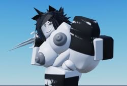 2025 3d ass bandaged_leg bandages baseplate belly_button big_ass big_breasts black_bandages black_gloves black_hair breasts chubby crimstuff dagger day fingerless_gloves forsaken_(roblox) gloves holding_weapon looking_at_viewer mostly_nude nipples nonbinary nonbinary_(lore) nude one_leg_up outdoors pussy roblox roblox_game robloxian short_hair sleeveless smile solo spiky_hair standing standing_on_one_leg stomach thick_thighs thighs two_time white_eyes white_skin zaduworkz