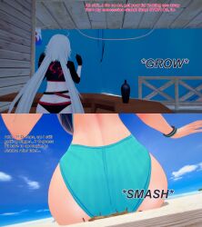 2girls 3d ass bikini body_growth body_growth_(enlargement) butt_crush destruction english_text fate/grand_order fate_(series) female female_focus giantess growth huge_ass jeanne_alter jeanne_alter_(swimsuit_berserker) jeanne_d'arc_alter_(fate) koikatsu miyamoto_musashi_(fate) miyamoto_musashi_(swimsuit_berserker) one-piece_swimsuit swimsuit text xavierhuge