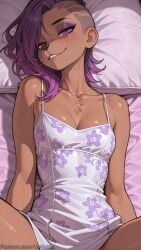 1girl ai_generated bare_shoulders breasts cleavage collarbone dark-skinned_female dark_skin decurse eyeshadow fang floral_print freckles looking_at_viewer lying mole multicolored_hair on_back out-of-frame_censoring overwatch pillow purple_eyes purple_hair smile solo sombra spread_legs