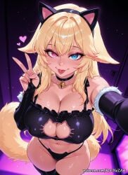 1girl 2026 :p ai_generated animal_ears animal_tail anime bangs bell black_bra black_choker black_panties black_thighhighs blonde_hair blue_eyes boobs bra breasts bridal_gauntlets cat_cutout cat_ear_panties cat_ears cat_lingerie cat_tail choker cleavage cleavage_cutout clothing_cutout collarbone covered_nipples crossover dark-skinned_female dark_skin eye_contact fake_animal_ears female female_focus foreshortening foxyevoxy frilled_bra frills fur_trim gloves hair_accessory hairband handwear heart heterochromia highres huge_breasts jingle_bell large_breasts long_hair looking_at_viewer meme_attire midriff navel neck_bell nsfw panties patreon reaching_towards_viewer red_eyes rognezart selfie smile smiling solo sweat sweaty tail thighhighs tongue tongue_out underwear underwear_only v very_long_hair vtuber
