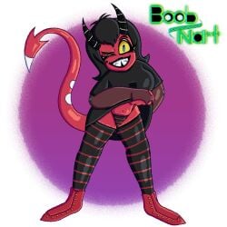 1_girl 1girls arm_stockings belly black_eyebrows black_hair black_horns black_panties black_shirt black_thighhighs blue_eyes boobnart clothed clothing demon demon_girl demon_horns demon_tail eyebrows eyelashes eyeshadow fangs female female_focus female_only fishnets hellaverse helluva_boss horns hotel_transylvania lifting_shirt looking_at_camera looking_at_viewer mavis_dracula_(cosplay) millie_(helluva_boss) panties red_body red_eyeshadow red_shoes red_skin red_tail self_upload sharp_teeth shiny_body shiny_clothes shiny_skin shiny_thighs shirt shoes short_hair simple_background smile socks standing stripped_panties thick_thighs thighhighs thighs underwear vampire_costume vivziepop white_spots white_tail_tip wink winking winking_at_viewer yellow_buttons yellow_eyes