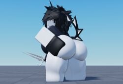 2025 3d ass ass_focus baseplate bent_over big_ass big_breasts black_gloves black_hair bottomless breasts chubby clothing crimstuff dagger day fingerless_gloves forsaken_(roblox) gloves hand_on_ass hand_on_own_ass holding_weapon looking_at_viewer looking_back no_pants no_visible_genitalia nonbinary nonbinary_(lore) outdoors roblox roblox_game robloxian shirt short_hair sleeveless sleeveless_shirt smile solo spiky_hair standing tail thick_thighs thighs two_time white_eyes white_skin zaduworkz
