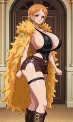 1girls ai_generated big_boobs big_breasts brown_eyes coat curvy curvy_body curvy_female curvy_figure elbaf fur_coat huge_breasts kyoru189 large_breasts light-skinned_female light_skin long_hair looking_at_viewer mature_female nami_(elbaf) nami_(one_piece) one_piece orange_hair skirt solo solo_female