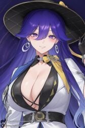 1female 1girl 1girls 2026 ai_generated artist_name bangs belt big_ass big_breasts black_gloves blue_hair blush breasts cleavage curvy earrings gloves hair_between_eyes hat hi_res high_quality high_resolution highres huge_ass huge_breasts jacket jewelry large_breasts long_hair looking_at_viewer lucilla_(wuthering_waves) patreon patreon_username purple_eyes purple_hair smile solo unjobdespiert upper_body virtual_youtuber watermark wuthering_waves