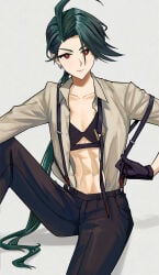 1girl abs belly_button bra breasts clothing flat_chest game_freak looking_at_viewer madoro madoro_q navel pokemon pokemon_sv rika_(pokemon) skinny small_breasts tagme