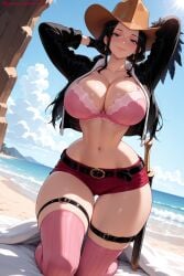 1girl ai_generated bangs beach belt black_gloves black_hair blue_eyes blue_sky bra breasts cleavage cloud day gloves hat hi_res high_quality high_resolution kiraamane long_hair looking_at_viewer mole navel nico_robin ocean outdoors patreon seductive sexy short_shorts shorts skindentation sky smile solo thigh_strap thighhighs uncensored underwear watermark