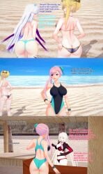 3d 4girls artoria_pendragon artoria_pendragon_(lancer) ass bikini english_text fate/grand_order fate_(series) female female_focus jeanne_alter jeanne_alter_(swimsuit_berserker) jeanne_d'arc_alter_(fate) kama_(fate/grand_order) kama_(swimsuit_avenger)_(fate) koikatsu miyamoto_musashi_(fate) miyamoto_musashi_(swimsuit_berserker) one-piece_swimsuit pink_hair swimsuit text xavierhuge