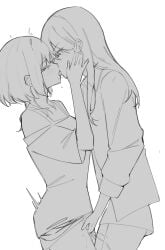 2girls bang_dream! bang_dream!_it's_mygo!!!!! blush commentary_request fingering french_kiss greyscale hand_on_another's_cheek hand_on_another's_face highres kaname_raana kiss logo long_hair mole mole_under_eye monochrome multiple_girls off_shoulder one_eye_covered pokoroo09637184 purple_eyes shiina_taki shirt short_hair simple_background white_background yuri