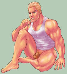 1boy ass bandaid bandaid_on_head bara barefoot beard_stubble biceps blonde_hair cid_highwind cigarette commentary_request facial_hair final_fantasy final_fantasy_vii flaccid holding holding_cigarette looking_at_viewer magnum_feering male_focus male_pubic_hair muscular muscular_male no_pants pectoral_cleavage pectorals penis pubic_hair sitting smoke stubble tank_top testicles white_tank_top
