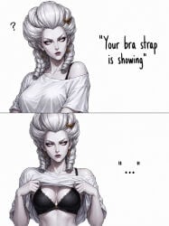 1girls ai_generated bra bra_strap_is_showing_(meme) english english_dialogue english_text flashing flashing_bra isabella_von_carstein looking_at_viewer solo solo_female tagme vampire vampire_girl warhammer_(franchise) warhammer_fantasy