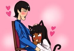 1boy 1boy1girl 1girl 1girls 1male artist:kaitike beauty_mark black_eyes black_hair blowjob blush blushing brown_skin cartoon cat_ears cat_girl cat_tail catgirl chair chubby chubby_female clothed clothing curled_tail curvy curvy_female dark-skinned_female dark_skin duo fully_clothed george_harrison grabbing_head handjob handjob_while_sucking head_grab hearts holding_head jerkingoff_another looking_at_partner male male/female moaning mouth_open overweight overweight_female pants_down pink_background self_insert self_upload selfship selfshipping simple_background sitting sitting_on_chair smile smiling_at_partner sweat sweating the_beatles the_beatles_cartoon toony turtleneck turtleneck_sweater wet_penis yumeship yumeshipping