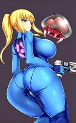 big_ass big_breasts bodysuit metroid metroid_(creature) samus_aran zero_suit_samus