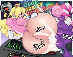 1futa 1girls ass blonde_hair bottom_heavy bottomless cum cum_inside female futa_on_female futanari mario_(series) nintendo on_side paper_mario paper_mario:_the_thousand-year_door paper_peach pink_hair poodleskapoodle princess_peach purple_skin tec-xx text vivian_(paper_mario) witch_hat