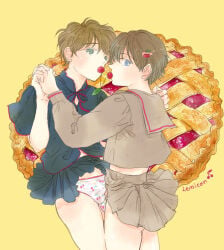 2boys artist_name blue_eyes blue_shirt blue_skirt brown_hair brown_sailor_collar brown_serafuku brown_shirt brown_skirt bulge cherry cherry_hair_ornament cherry_print cherry_print_panties commentary_request cowboy_shot crossdressing crossdressing_(mtf) face-to-face floating_clothes food food-themed_background food-themed_hair_ornament food_print frilled_sleeves frills from_side fruit fruit_print hair_ornament hairclip hand_on_another's_shoulder hand_up holding holding_food holding_fruit holding_hands interlocked_fingers lemicon long_sleeves looking_at_viewer male_focus midriff_peek miniskirt mouth_hold multiple_boys original panties panty_bulge pie pleated_skirt print_panties profile red_trim sailor_collar school_uniform serafuku shirt short_hair short_sleeves sideways_glance skirt standing underwear white_panties yaoi yellow_background