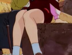 1990s_(style) 1993 1boy 1girl 1girls animated animated_gif bare_shoulders black_hair blue_pants blush bra bra_lift breasts brown_eyes brown_hair clothes_removed eyes_closed female groping growing_breasts lowres medium_breasts midori_(youjuu_sensen_adventure_kid) nipples norikazu_(youjuu_sensen_adventure_kid) pants pink_shirt red_skirt retro_artstyle shirt short_hair skirt socks sunset tagme white_bra yellow_jacket youjuu_sensen_adventure_kid