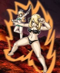 2girls aura barefoot belly belly_button bikini bikini_bottom bikini_only bikini_top black_bikini breasts chetoh commission commissioner_upload crown cynthia_(pokemon) dark_background dokkan_battle earrings female female_focus female_only fighting_pose full_body game_freak hair hair_ornament hair_over_one_eye holding_wand looking_at_viewer mario_(series) nintendo photo_background pokemon pokemon_dppt posing princess_rosalina raised_arm silver_crown super_mario_galaxy teal_bikini wand