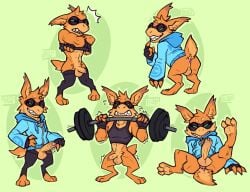 anus ass balls buyobutt clothing digitigrade exercise eyewear foreskin fur genitals goggles gremlin_(spiral_knights) hoodie male orange_body orange_fur penis presenting presenting_hindquarters solo solo_male spiral_knights topwear undressing weightlifting workout