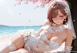 1girl ai_generated bangs bare_shoulders beach blush breasts bridal_veil bride brown_hair cherry_blossoms cleavage closed_mouth covered_navel day detached_collar dress earrings elbow_gloves flower garter_straps gloves hair_flower hair_ornament hairclip higuchi_madoka idolmaster_shiny_colors jewelry kermixx looking_at_viewer lying medium_breasts mole mole_on_breast mole_under_eye on_side outdoors panties petals purple_eyes short_hair sky smile solo strapless strapless_dress sweat thighhighs tiara tree underwear veil wedding_dress white_dress white_flower white_gloves white_panties white_thighhighs
