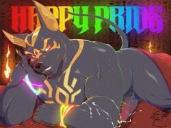 !? 1boy animal_ears anuberus_(xxl) artist_self-insert ass bara blanket blush claws commentary completely_nude cum cum_on_body doodle_inset ejaculation english_commentary english_text erection fire furry furry_male head_on_hand hieroglyphics highres jackal_boy jackal_ears jackal_tail lgbt_pride looking_at_viewer lying male_focus muscular muscular_male nude on_stomach pectorals penis smile sweat the_mewtwonite xxl_woofia